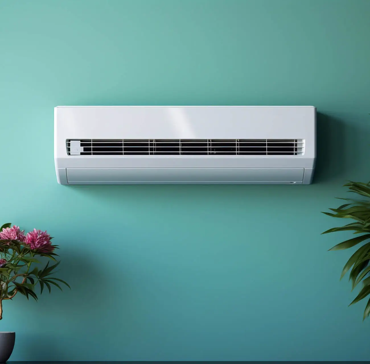 Close up shot of newly installed white air conditioner.
