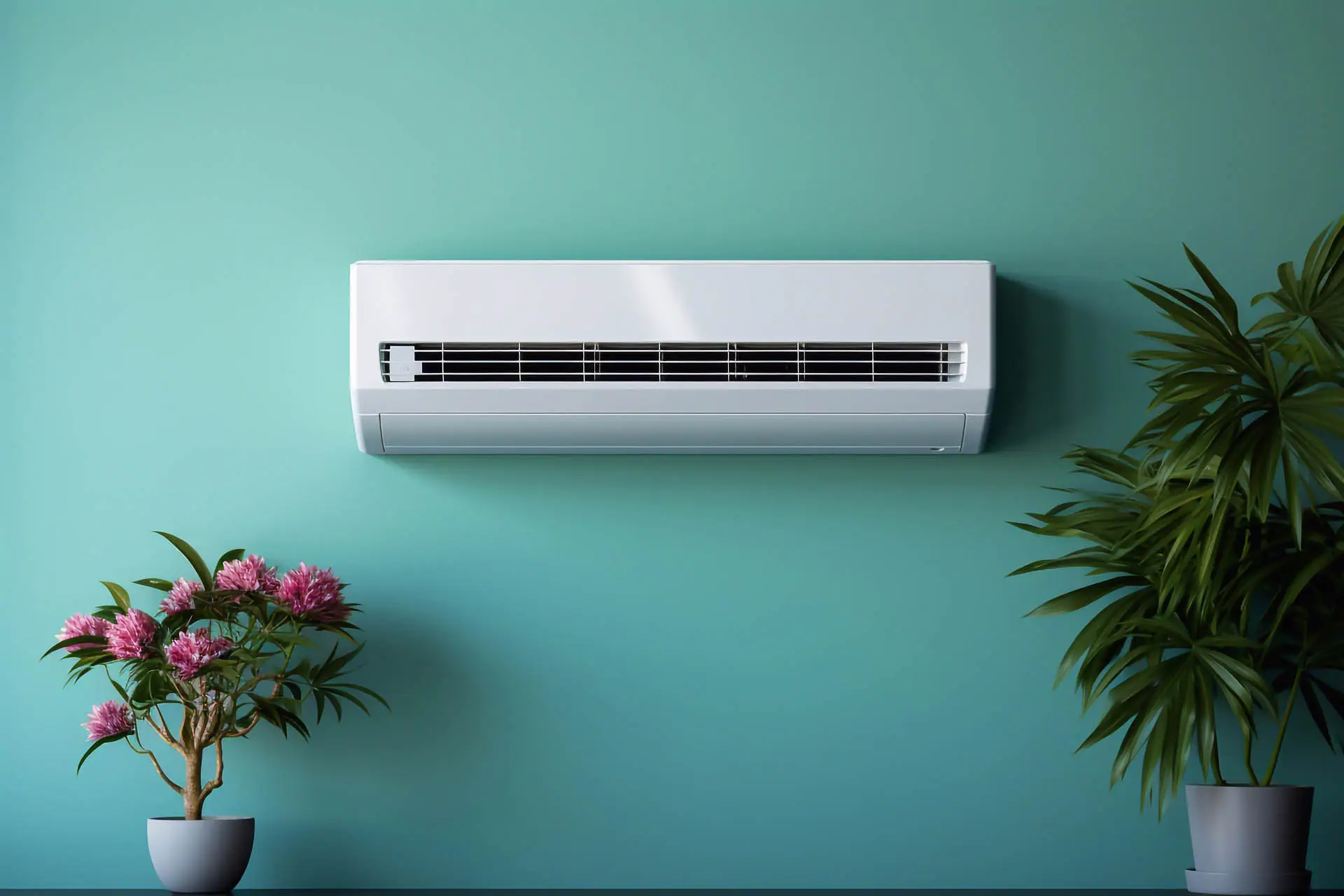 Close up shot of newly installed white air conditioner.
