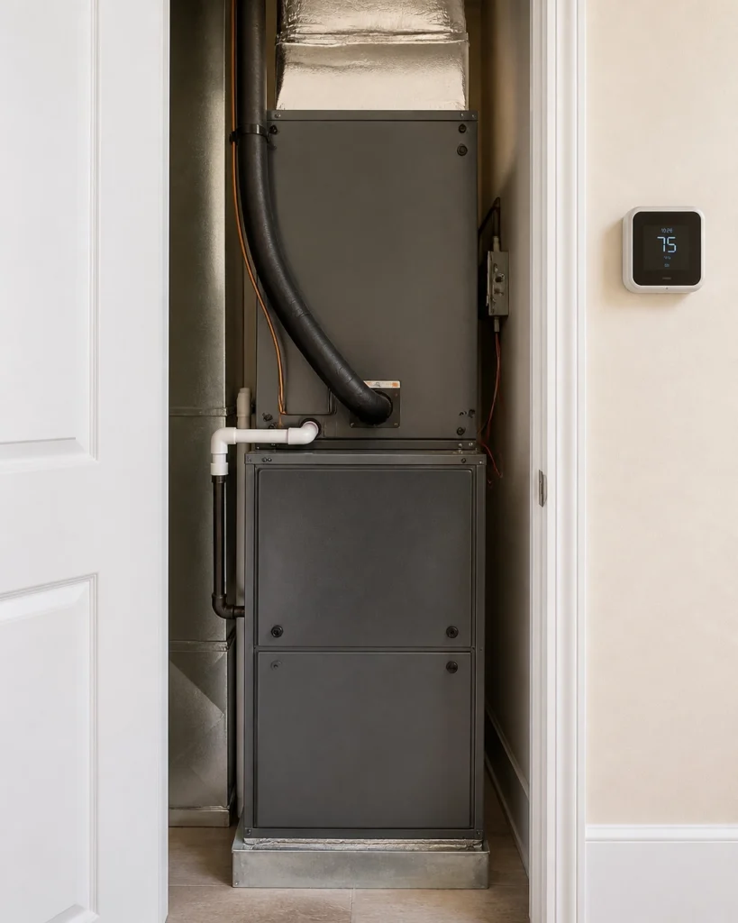 An indoor furnace or air handler is often installed vertically in a closet or horizontally in an attic