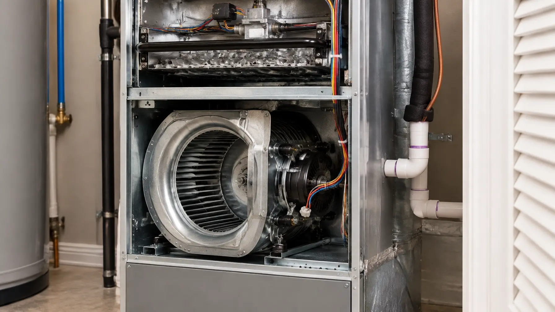 The blower assembly pushes the heated and cooled air through the vents